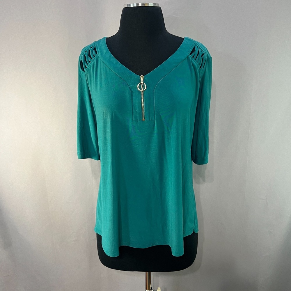 PerSeption‎ Concept Blouse Top Womens L Green Stretch Quarter Zip Roll Up Sleeve